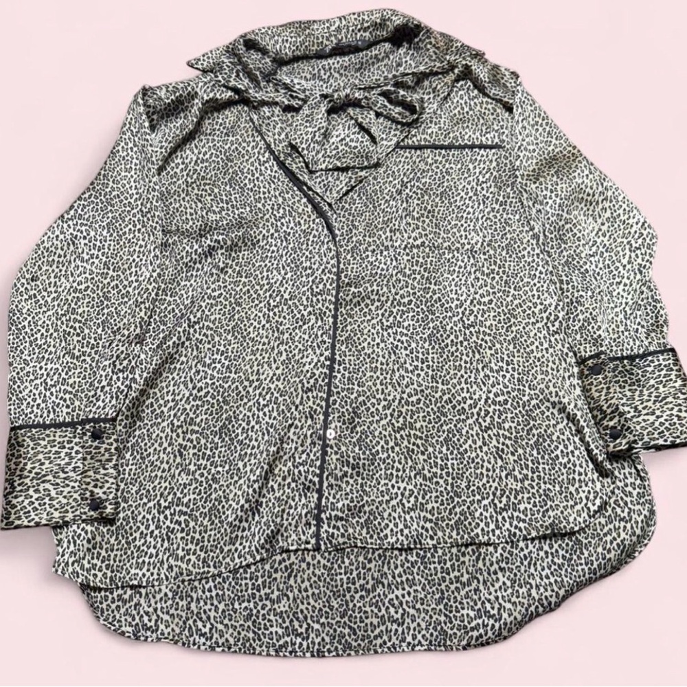 Leopard Print Button-Front Women's Blouse with Bow Detail